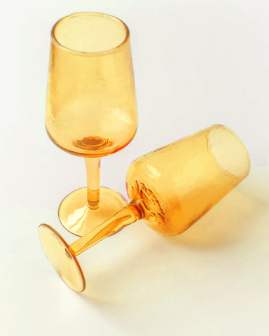 Handblown Hammered Wine Glasses - Amber