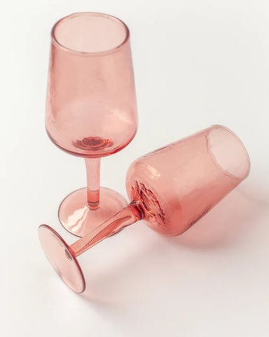 Handblown Hammered Wine Glasses - Pink
