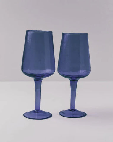 Handblown Hammered Wine Glasses - Blue